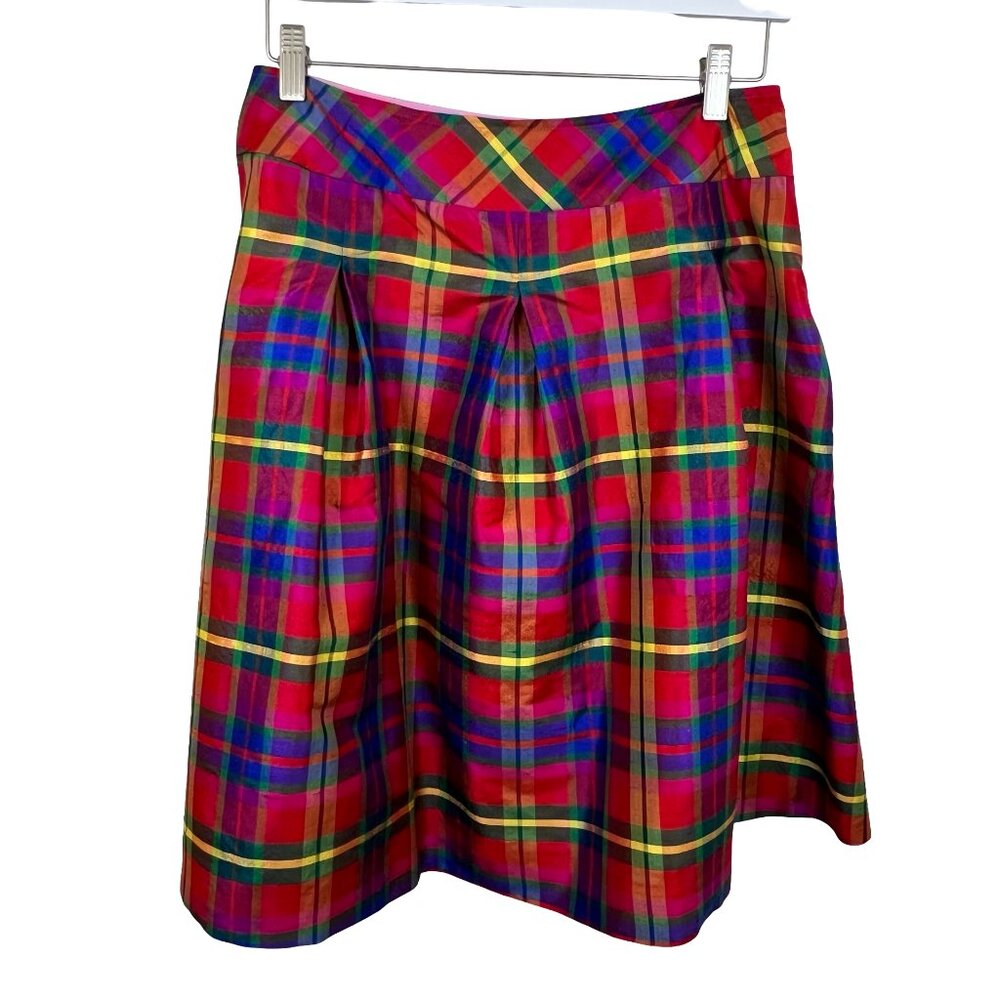Red Green Yellow Blue RAw Silk Madras Pleated Knee Skirt Holiday Size Large